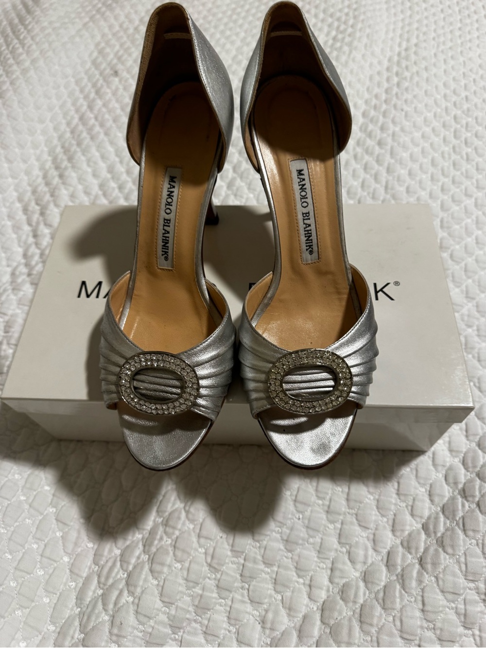 Manolo Blahnik Sedaraby Silver Satin D'Orsay Heels with Crystal Buckle